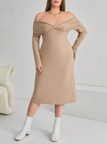 SHEIN Privé Plus Solid Off Shoulder Twist Front Dress - Apricot - View 3