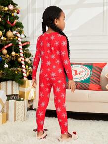 SHEIN Conjunto De Pijama Para Niña Joven Con Estampado De Copo De Nieve Y Ajuste Cómodo Para La Navidad - Rojo - Ver 2