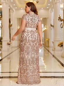 SHEIN Belle Đầm dự tiệc sang trọng viền đuôi cá đính sequin, váy dự tiệc cưới, tốt nghiệp, tiệc tối - Màu be - Xem 4