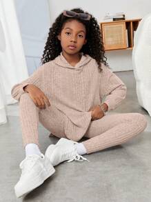 SHEIN Tween Girls Drop Shoulder Curved Hem Hooded Tee & Leggings