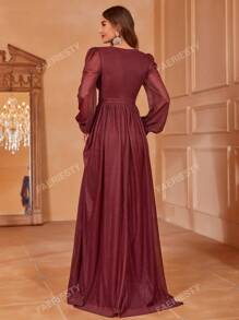 Surplice Neck Lantern Sleeve Glitter Maxi Bridesmaid Dress