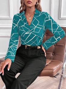 SHEIN Clasi 幾何圖案襯衫 - 霧霾藍 - 查看 6