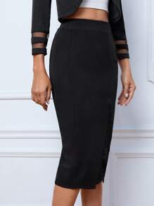 SHEIN Tall 蕾絲拼接鉛筆裙 - 黑色 - 查看 4