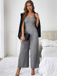 SHEIN Privé Solid Wide Leg Cami Jumpsuit - Grey - View 1