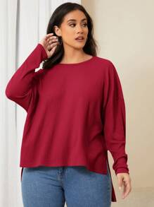 SHEIN LUNE Hơn Thả vai Hem cao thấp Áo thun - Màu Đỏ Sâu - Xem 5