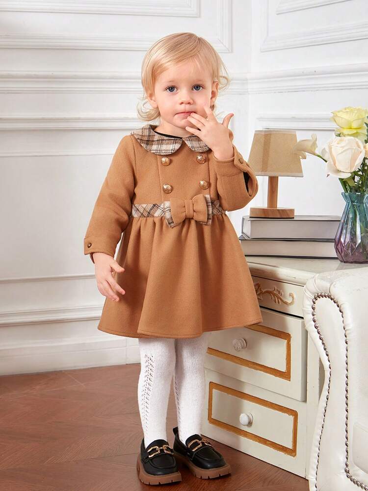 Baby Girl Plaid Print Peter Pan Collar Double Breasted Dress