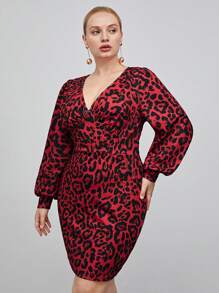 BizChic Talla grande Vestido con estampado de leopardo de cuello V de manga farol sin cinturón - Rojo - View 7