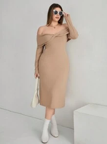 SHEIN Privé Plus Solid Off Shoulder Twist Front Dress - Apricot - View 6