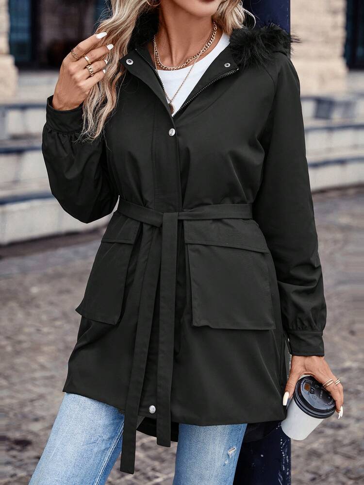 Flap Pocket Fuzzy Trim Hooded Drawstring Waist  Coat Winter Black Casual