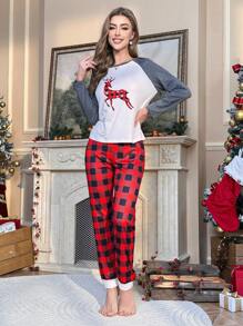 聖誕麋鹿和水牛格子印花插肩袖睡衣套裝 - 彩色 - 查看 4