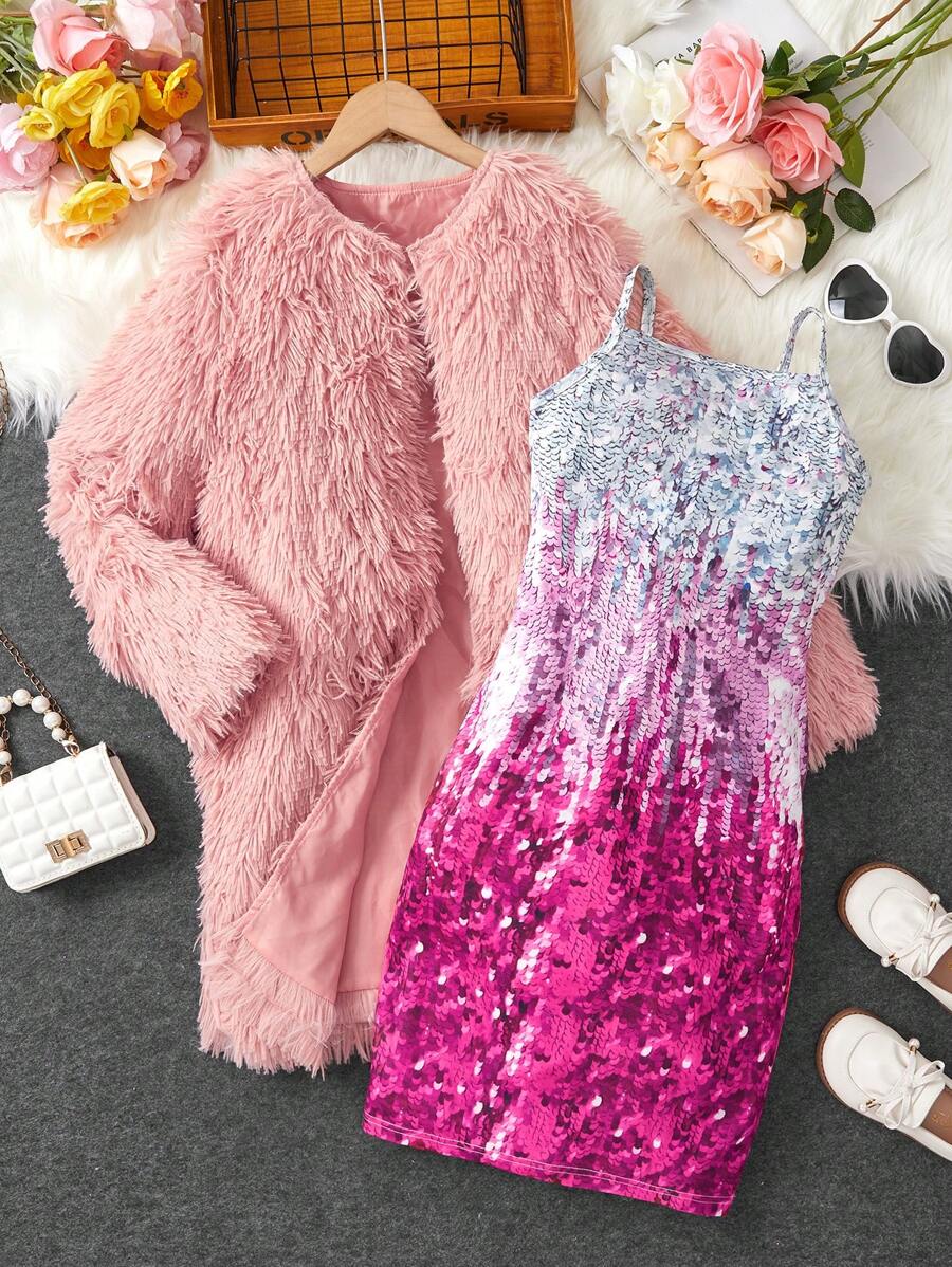 SHEIN Tween Girl Open Front Fuzzy Coat & Sequin Effect Cami Dress - Pink - View 1