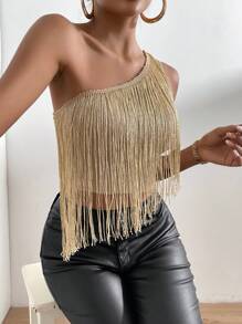 SHEIN Allurite One Shoulder Fringe Trim Crop Top