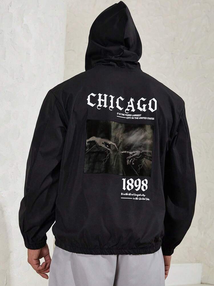 Men Plus Slogan Hand Graphic Half Zip Drawstring Hooded Jacket
