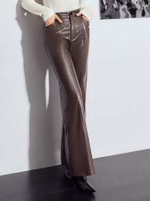 MOTF PREMIUM PU皮革喇叭褲 - 巧克力棕 - 查看 9