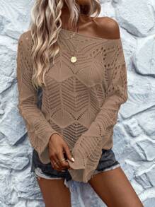 SHEIN LUNE Solid Pointelle Knit Sweater - Khaki - View 4