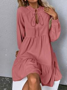 SHEIN LUNE 繫帶領燈籠袖娃娃裙 - 淺粉色 - 查看 4