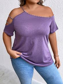 SHEIN CURVE+ 大碼不對稱領鏤空T恤 - 紫色 - 查看 1