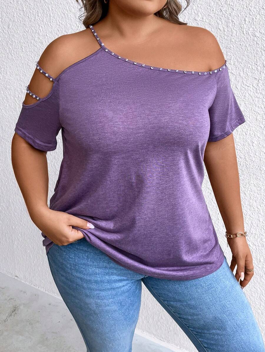 SHEIN CURVE+ 大碼不對稱領鏤空T恤 - 紫色 - 查看 1