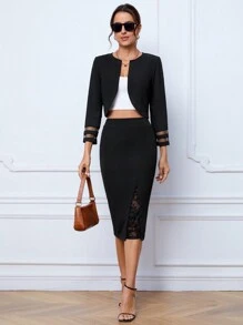 SHEIN Tall 蕾絲拼接鉛筆裙 - 黑色 - 查看 3