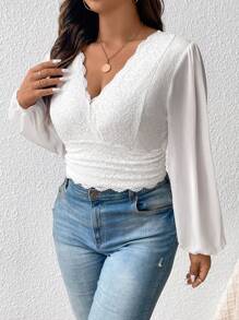 SHEIN Frenchy Plus Contrast Lace Lantern Sleeve Scallop Trim Crop Blouse - White - View 4