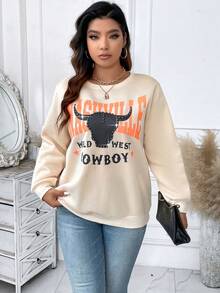 Calvaya Hơn Đồ họa Chữ cái Thả vai Áo nỉ - Màu be - Xem 3