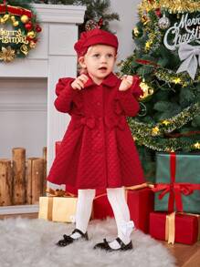 SHEIN Baby Girl Ruffle Trim Fold Pleated Coat & Hat For Christmas Mommy&Me Matching (3 Pieces Are Sold Separately) - Red - View 6
