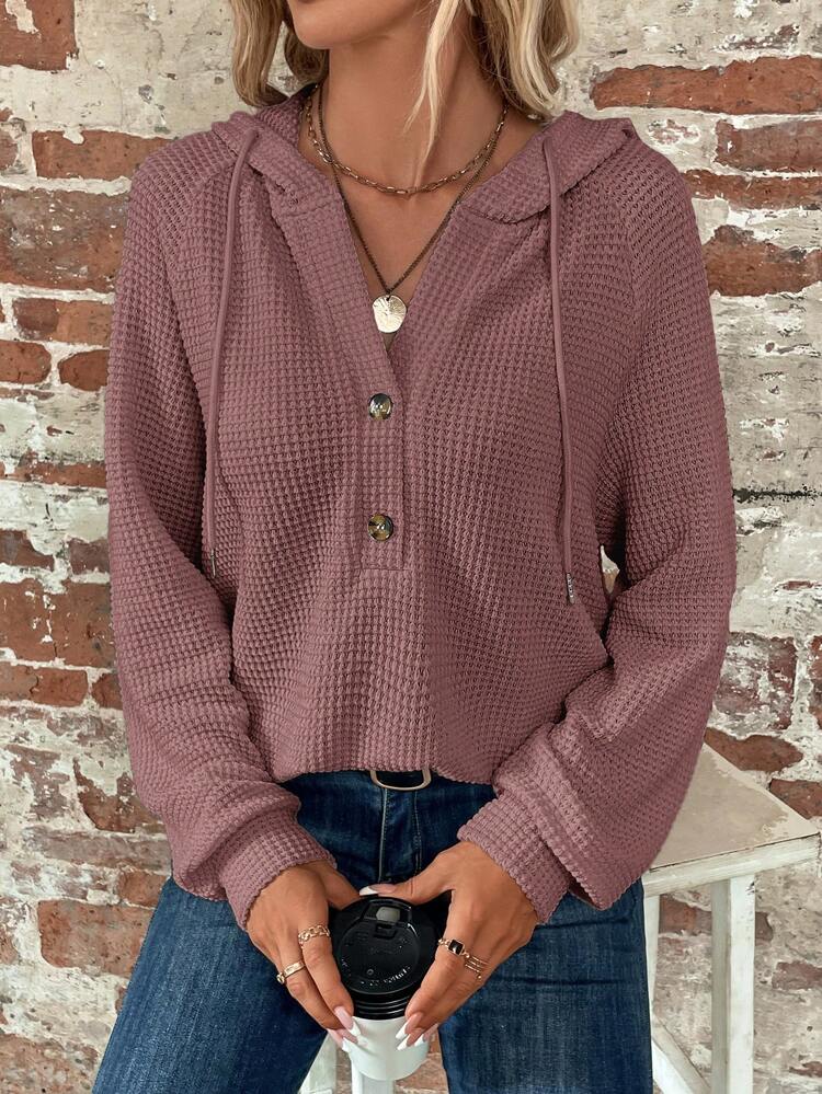 Half Button Raglan Sleeve Drawstring Hooded Waffle Knit Sweatshirt,Long Sleeve Tops Graduation,Back To School Outfits,Graduation,Teacher Outfits For Women,Back To School In Fall/Winter