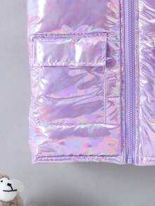 SHEIN 年轻女孩 1 件装翻盖口袋拉链连帽全息背心加厚外套 - 淡紫色 - 查看 8