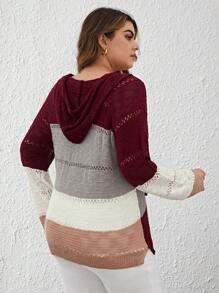 SHEIN Clasi Talla grande Jersey de color combinado de manga raglán con cordón con capucha - Burdeos - Ver 2