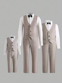 Manfinity 男士素色襯衫和夾克背心和褲子和背帶和領結 - 卡其色 - 查看 5