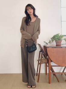 DAZY 落肩袖開襟開衫&針織背心上衣 - 摩卡棕 - 查看 7