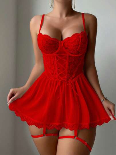 3Packs Contrast Kanten Mesh Underwire Garter Verleidelijke Lingerie Dress Bridallingerie, Baddie Look