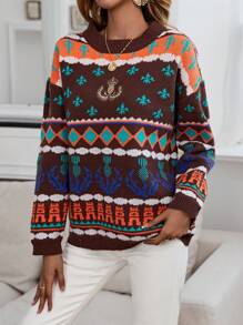 SHEIN LUNE Geo Pattern Drop Shoulder Sweater Knit Pullover Fall Winter Outfit - Multicolor - View 1