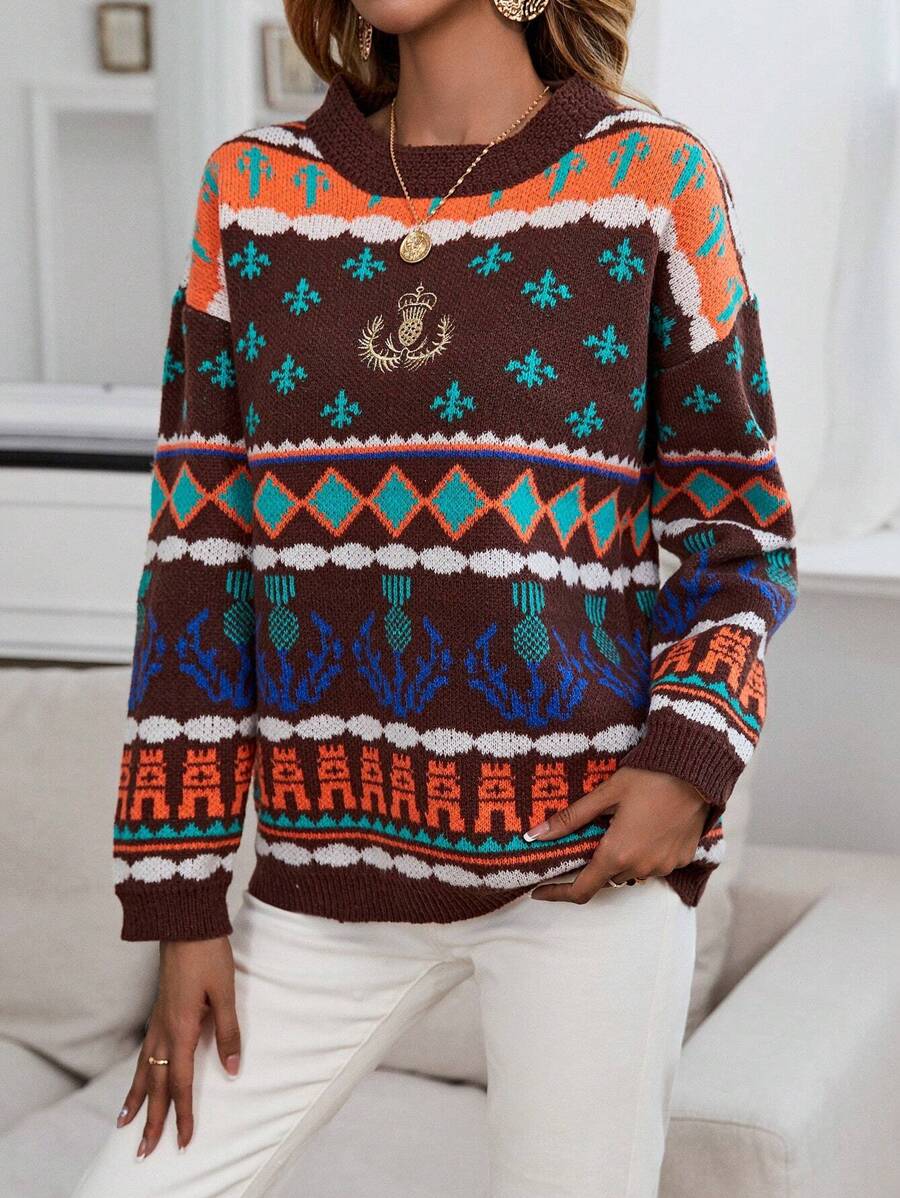 SHEIN LUNE Geo Pattern Drop Shoulder Sweater Knit Pullover Fall Winter Outfit - Multicolor - View 1