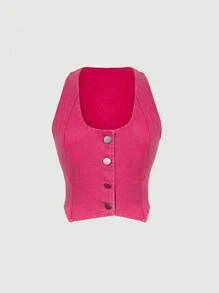 Aveloria 前紐扣牛仔背心上衣 - 粉色 - 查看 2