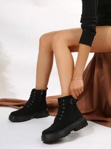 Giày bốt đế xuồng thời trang thu đông 2025 dành cho nữ, giày bốt đen buộc dây cổ điển có khóa kéo bên hông, bốt cổ ngắn đến mắt cá chân - màu đen - Xem 7