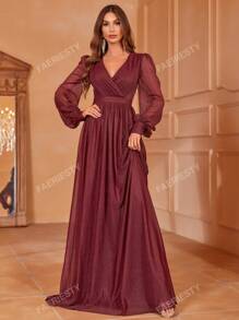 Surplice Neck Lantern Sleeve Glitter Maxi Bridesmaid Dress