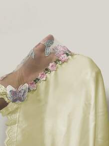 SHEIN Floral Embroidery Mesh Panel Lace Trim Bow Front Satin Cami Pajama Nightdress Luxeloungewear - Yellow - View 6