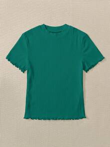 SHEIN Essnce Plus Lettuce Trim Ribbed Knit Tee - Dark Green - View 3