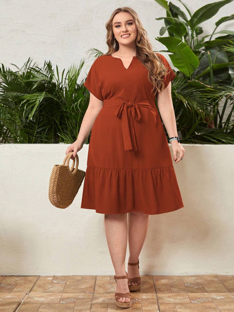 Plus Notched Neck Belted Ruffle Hem Dress