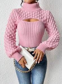 Chiquease Solid Turtleneck Cut Out Front Cable Knit Sweater,Long Sleeve Tops Knit Pullover Fall Winter Outfit