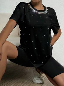 SHEIN Unity Rhinestone Chi tiết Áo thun - màu đen - Xem 1