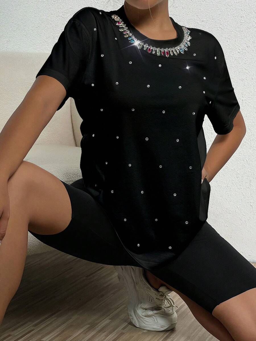 SHEIN Unity Rhinestone Chi tiết Áo thun - màu đen - Xem 1
