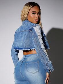 SHEIN SXY Ripped Raw Hem Denim Jacket - Light Wash - View 2
