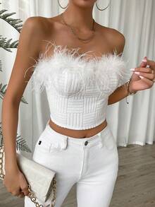 Chiquease Fuzzy Trim Bustier Crop Tube Top - White - View 3