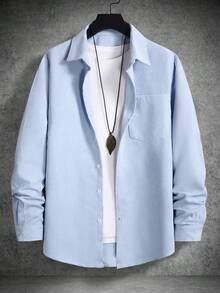 Manfinity 男士素色口袋貼布襯衫不帶T恤 - 淺藍色 - 查看 3