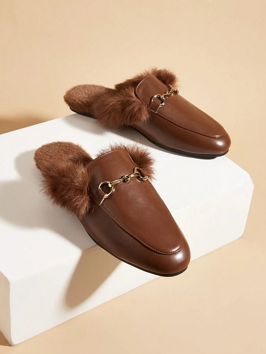 Flache Fell Metall Schnalle Hausschuhe Damen Minimalistische Slipper - Braun - Übersicht 1