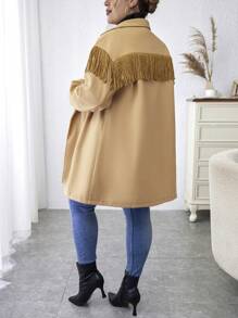 Calvaya Plus Fringe Trim Double Breasted Overcoat - Khaki - View 2