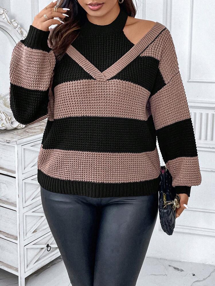 Plus Two Tone Drop Shoulder 2 In 1 Sweater Knit Pullover Fall Winter Autumn Sweater