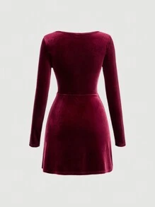 SHEIN MOD Gola Sweetheart Veludo Vestido - Vinho - Visão 2